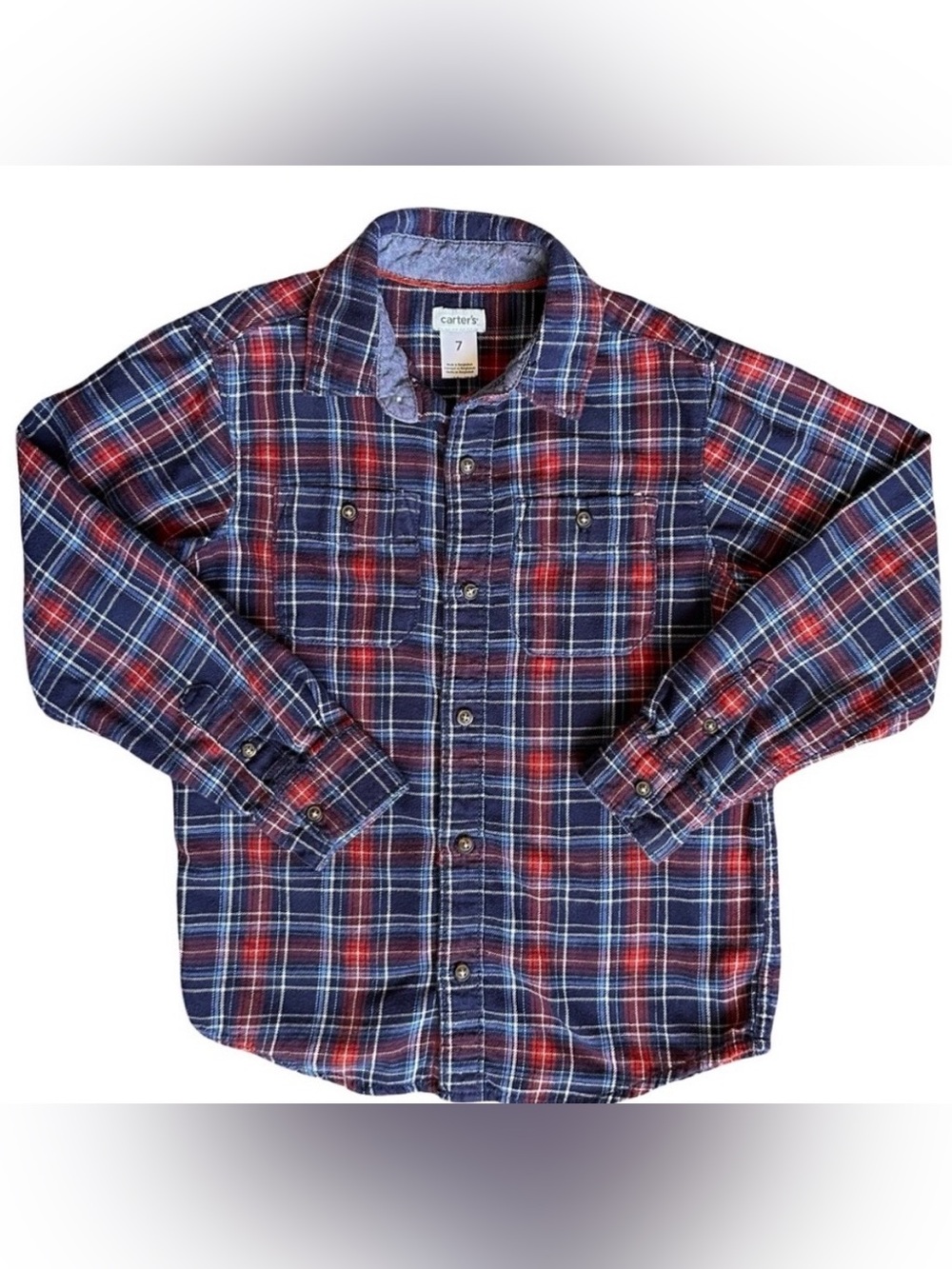 Carter's Size 7 Boys Blue Red Flannel button down long sleeve shirt